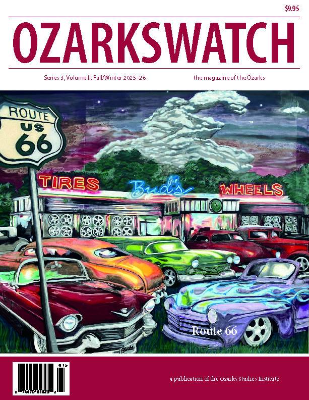 Magazine cover with painting of classic cars parked in front of a route 66 tire shop.